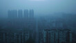 Aerial view urban cityscape with thick white pm 2.5 pollution smog fog covering city high-rise buildings, blue sky