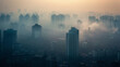 Aerial view urban cityscape with thick pm 2.5 pollution smog fog covering city high-rise buildings, orange sunset sky