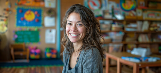 Wall Mural - A woman is smiling in a classroom