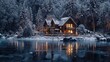 A serene lakeside cabin nestled among frosted trees, its windows glowing with the warmth of holiday festivities and camaraderie. 8k, realistic, full ultra HD, high resolution, and cinematic