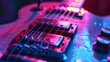 Closeup view of modern guitar strings in a neon light