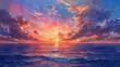 Majestic panoramic sunrise over the ocean, gentle colorful clouds painting the sky, a serene beginning.