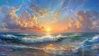 Majestic panoramic sunrise over the ocean, gentle colorful clouds painting the sky, a serene beginning.