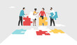Concept of teamwork, cooperation. People holding puzzle elements building common path. Vector illustration.