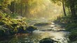 A serene mountain stream winding its way through a sun-dappled forest, with moss-covered rocks and vibrant foliage lining its banks, 