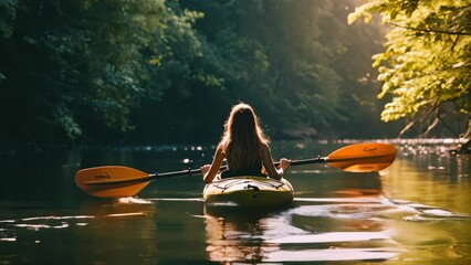 Wall Mural - Young woman canoe or kayak adventure in nature. 