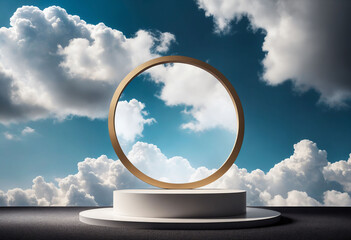 Poster - Simple round podium for product display with clouds background