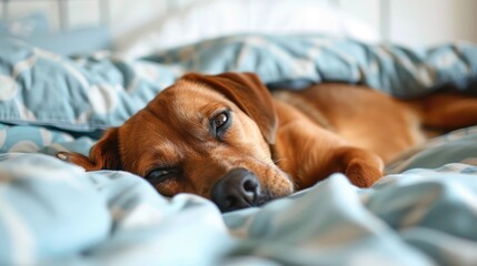 A tight shot of the cute brown dog resting on the bed