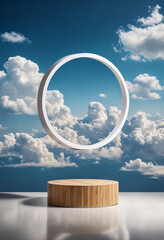 Poster - Simple round podium for product display with clouds background