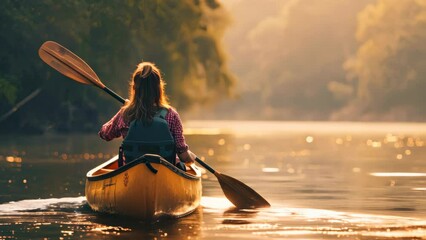 Wall Mural - Young woman canoe or kayak adventure in nature. 