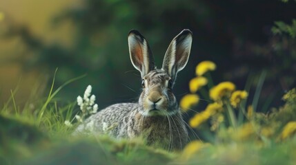 A grey hare with lengthy whiskers resting