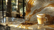 Luxurious coffee presentation with latte art on a reflective marble surface, sunlight streaming through trees in the background, Concept of elegance and natural serenity