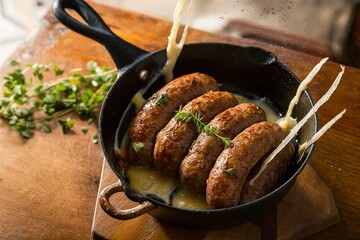 Homemade sausage with italian herbs and cheese in a cast iron pan