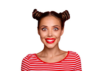 Poster - Closeup of happy face young girl with red lips and big brown eyes look at camera on red background