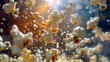 Explosive moment as popcorn kernels pop and steam rises.
