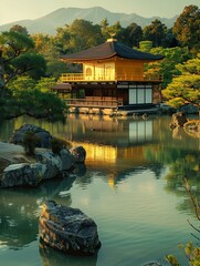 Poster - japanese garden with lake and bridge