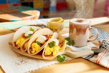 Wall Mural - Breakfast tacos with scrambled eggs and hot chocolate