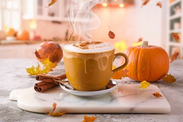 Pumpkin spice coffee on a marble board, hot seasonal drink for fall