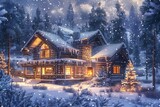 Fototapeta Niebo - Oświetlony nowoczesny dom w zimowej scenerii