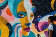 fragment kolorowego muralu miejskiego. Na murze widoczne są stylizowane twarze kobiet o różnych cechach i kolorach skóry