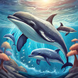 여러 돌고래들이 수영하는 모습