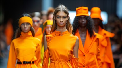 Wall Mural - models are dressed in orange clothing as they walk down the runway