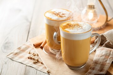 Pumpkin spice latte in tall mugs with cinnamon, nutmeg and cardamom