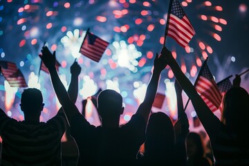 Wall Mural - AI-generated illustration of people waving American flags against the backdrop of fireworks