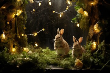 Wall Mural - Rabbits exploring a garden with twinkling fairy lights.