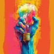 light bulb in hand on abstract bright colorful background, idea concept