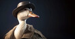 Gentleman boss white goose in a hat, suit and tie. Banner header. AI generated.