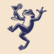  A cheerful dancing frog with a glass of alcoholic drink in his hand. Vintage retro illustration, emblem logo. Black and white