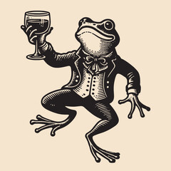 Wall Mural -  A cheerful dancing frog with a glass of alcoholic drink wine in his hand. in a tailcoat. Vintage retro illustration, emblem logo. Black and white