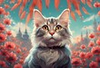AI generated illustration of a cat sitting in a flowered field, gazing intently