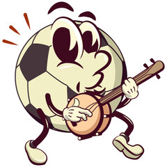 football soccer ball cartoon vector isolated clip art illustration mascot playing a banjo musical instrument, vector work of hand drawn