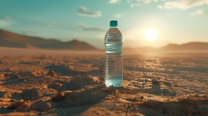 Sticker - the sun is setting over some sand and water bottles in the desert