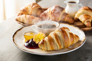 Wall Mural - Freshly baked croissants with honey, jam and coffee for breakfast
