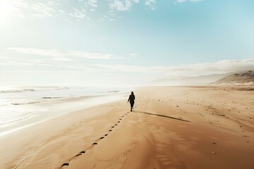 Wall Mural - person walking on a beach with footprints in the sand and sky above