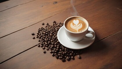 Wall Mural - Hot Coffee cup and coffee beans roating on the wooden table