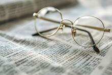 A Pair Of Gold Glasses Laying On Top Of A Newspaper