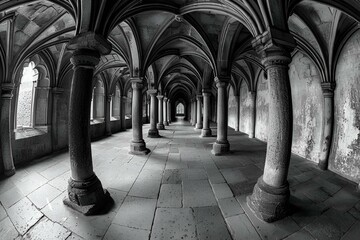 Poster - Grayscale shot of a stone floor with pillars and light in corner, AI-generated.