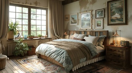 Wall Mural - Rustic bedroom with a large bed and green plants, AI-generated.