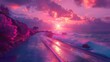 Captivating Coastal Convergence Vibrant Purple Hues Merge Sea and Street in Stunning Seascape Sunset