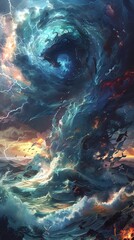 Dramatic Anime Inspired Oceanic Tornado with Mythical Creatures and Lightning Strikes Portraying Nature s Fury