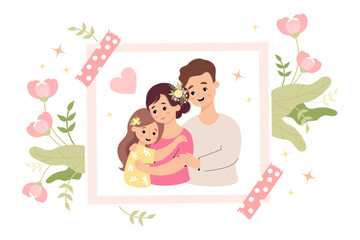 Wall Mural - Cute Happy family. Photo card with portrait of man father hugging his beautiful wife and daughter. Holiday photo frame with soft pink flowers. Vector illustration