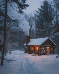 Sticker - Cozy little snowy log cabin in the woods - generated by AI