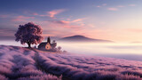 Fototapeta  - a small house in a lavender field, a beautiful spring landscape, morning in nature lavender flowers