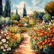 AI generated illustration of a vibrant painting of a garden full of blossoming flowers