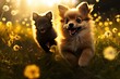 Puppies romping in a field of glowing dandelions.