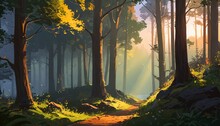 AI Generated Illustration Of A Sunlight Filters Through Trees Onto A Forest Path